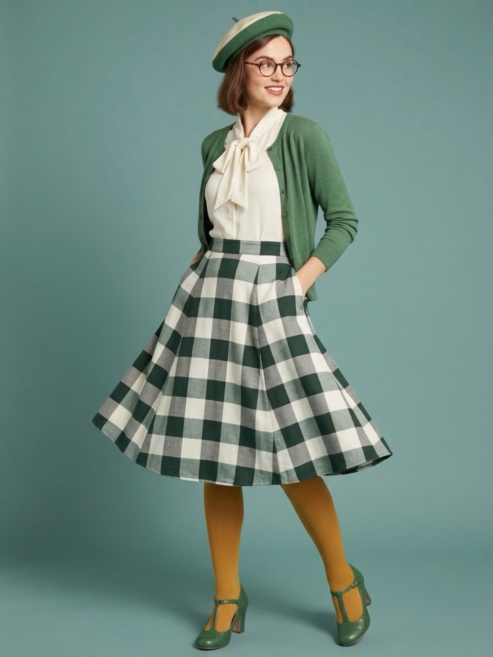Collectif Vintage 1950s Style Green Gingham Plaid Swing Skirt ModCloth XL US 12